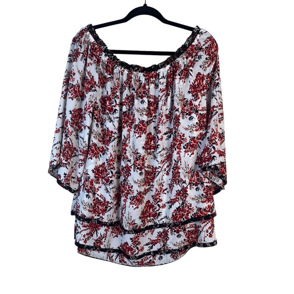 White House Black Market Red Orange Floral Layered Blouse Size XL - Picture 5 of 7